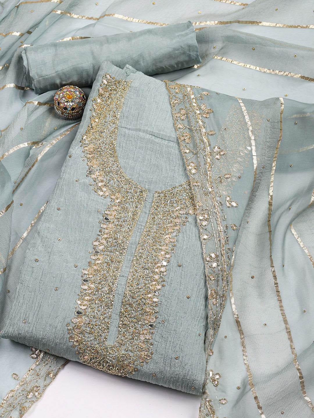 

Meena Bazaar Floral Embellished Zari Work Unstitched Dress Material, Grey