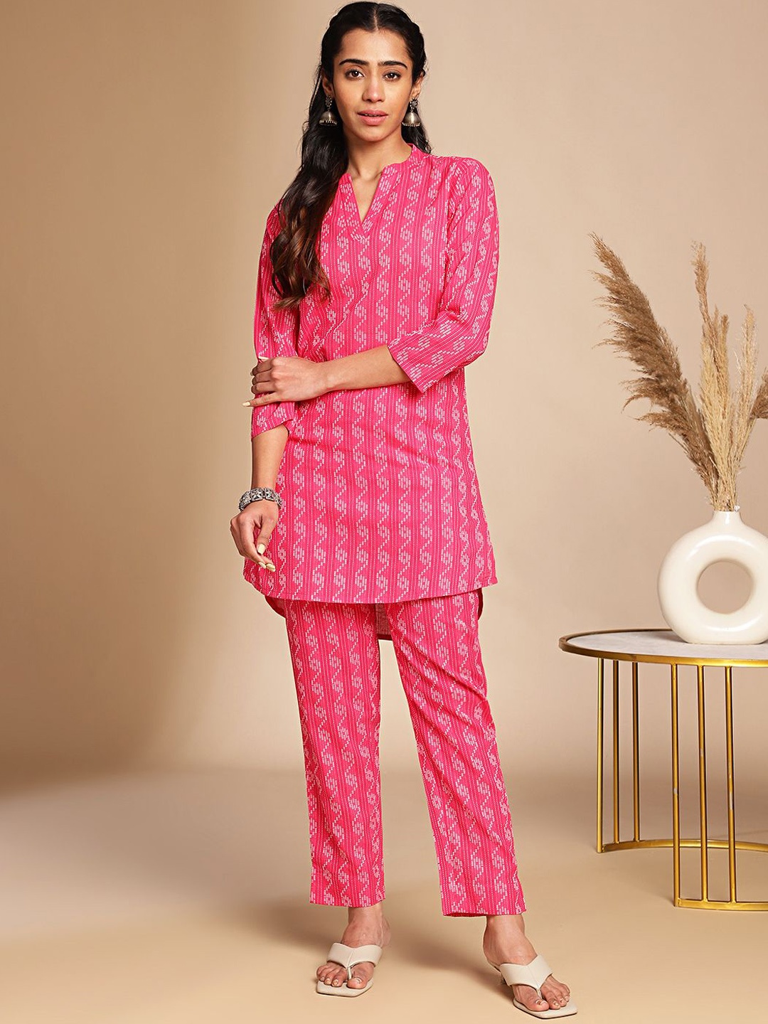 

KALINI Woven Design Mandarin Collar Pure Cotton Tunic With Trousers, Pink