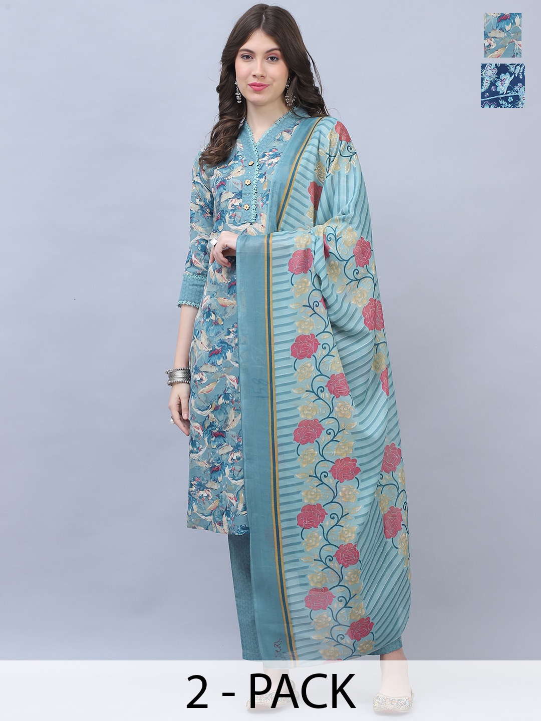 

KALINI Women Floral Printed Regular Kurta with Trousers & With Dupatta, Turquoise blue