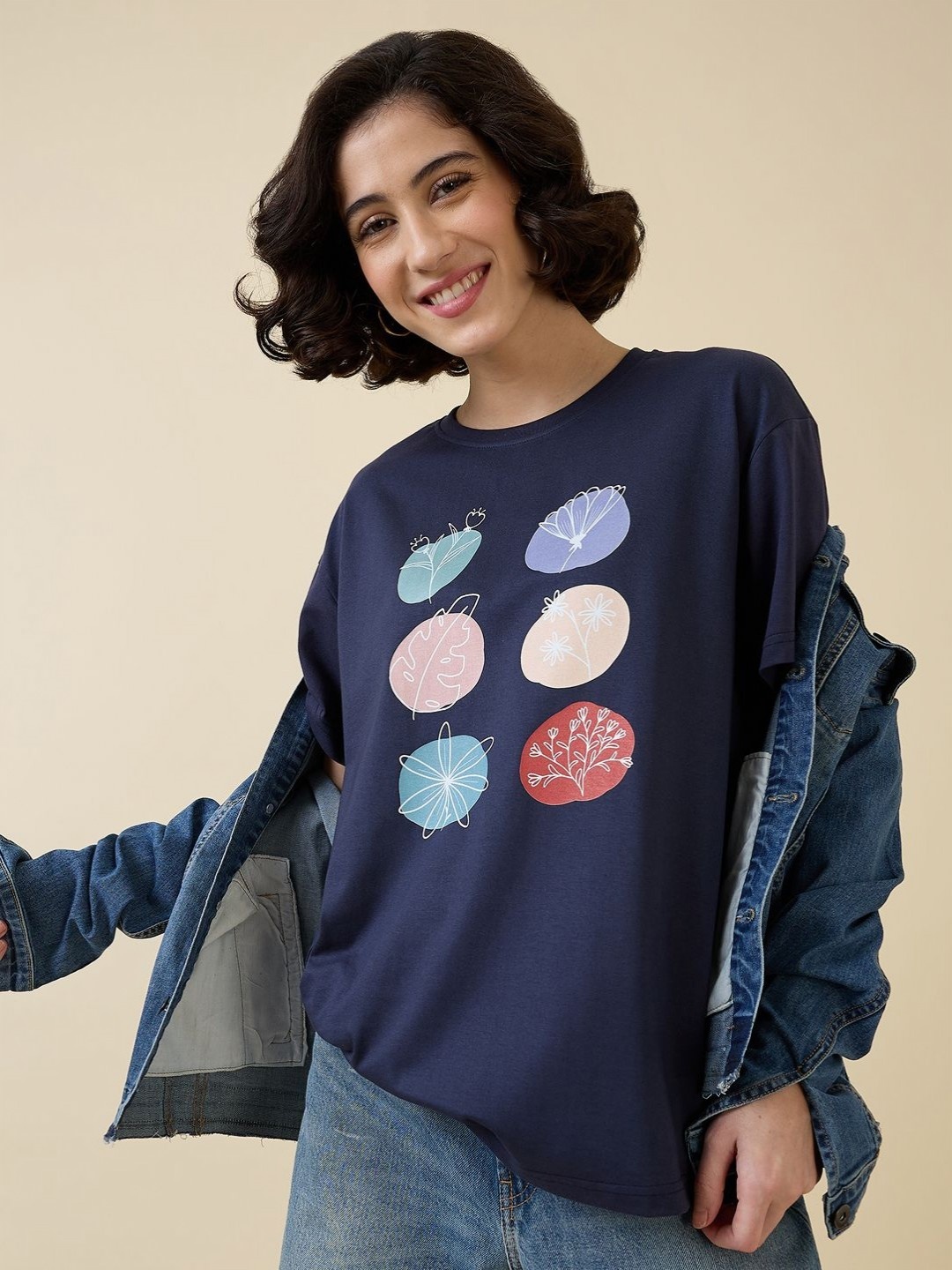 

Mast & Harbour Women Printed Raw Edge T-shirt, Navy blue