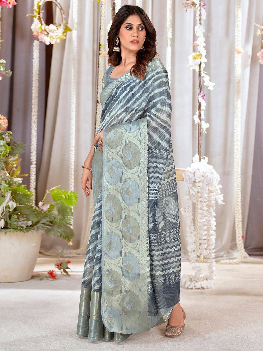 

Anouk Rustic Leheriya Zari Organza Banarasi Saree, Grey
