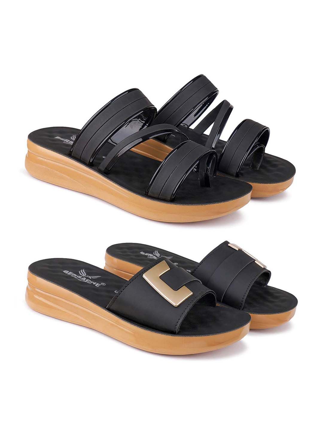 

BERSACHE Set Of 2 Ultra Soft Technology Open Toe Flats, Black