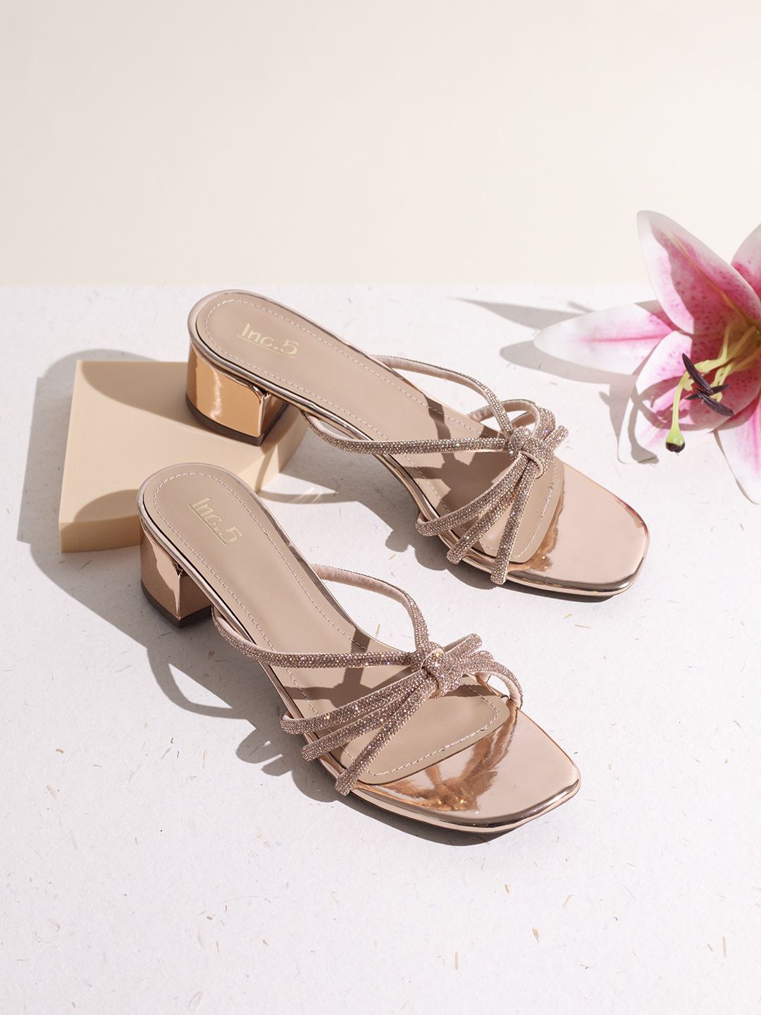 

Inc 5 Striped Ethnic Block Sandals with Bows, Rose gold