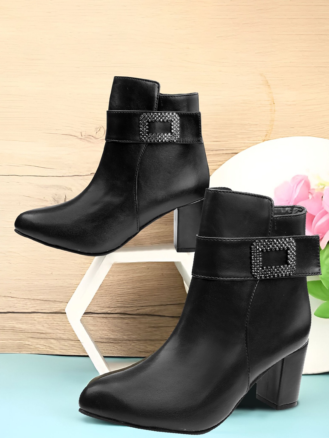 

Bxxy Women High Ankle Zipper Block Heel Boots with Buckle, Black