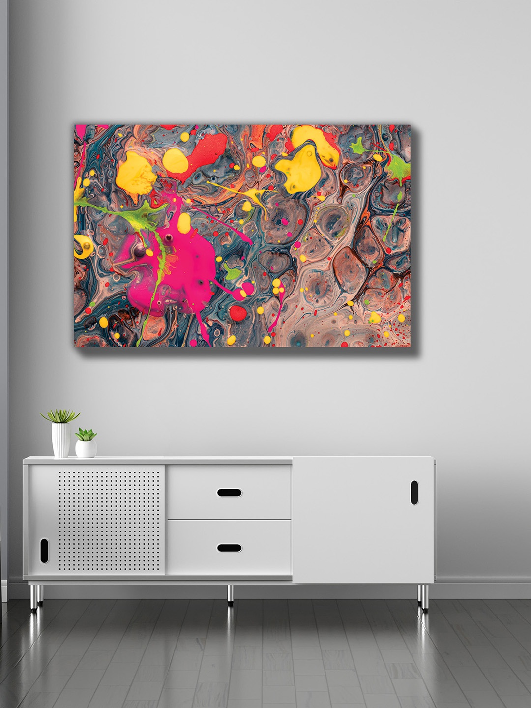

CVANU Yellow& Pink Abstract Canvas Wall Paintings