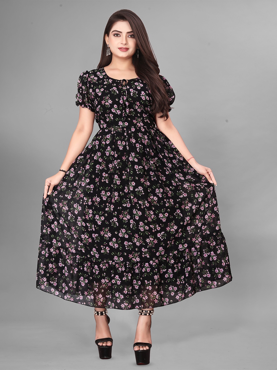 

QENA Floral Print Puff Sleeve Georgette Fit & Flare Maxi Dress, Black