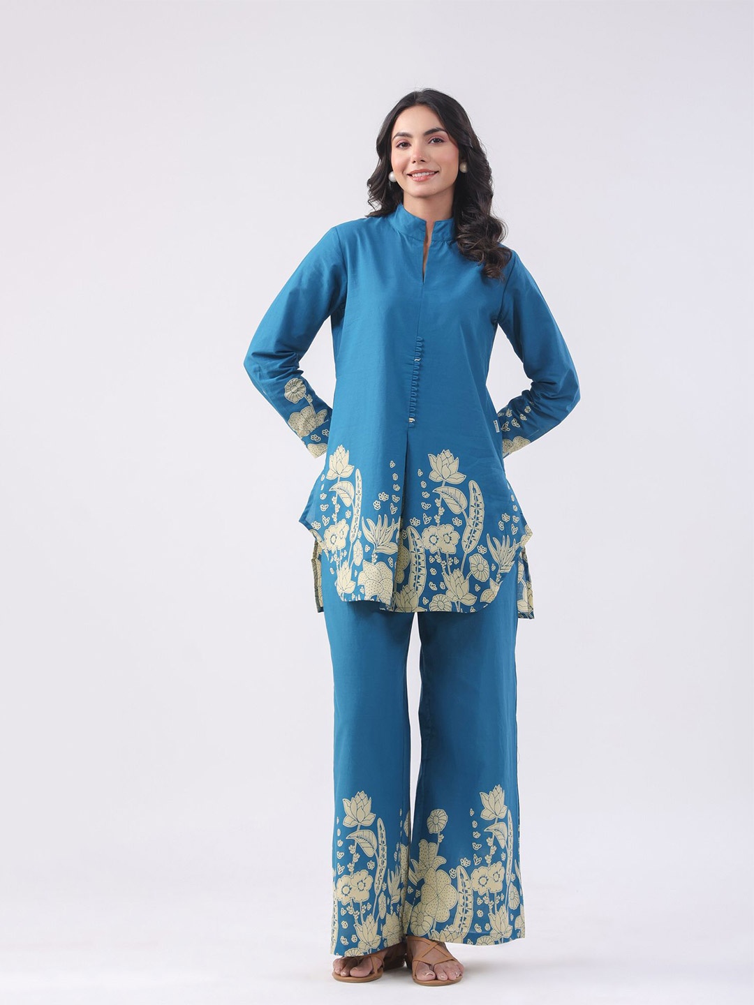 

JISORA Printed Mandarin Collar Pure Cotton Tunic With Palazzos Co-Ords Set, Blue