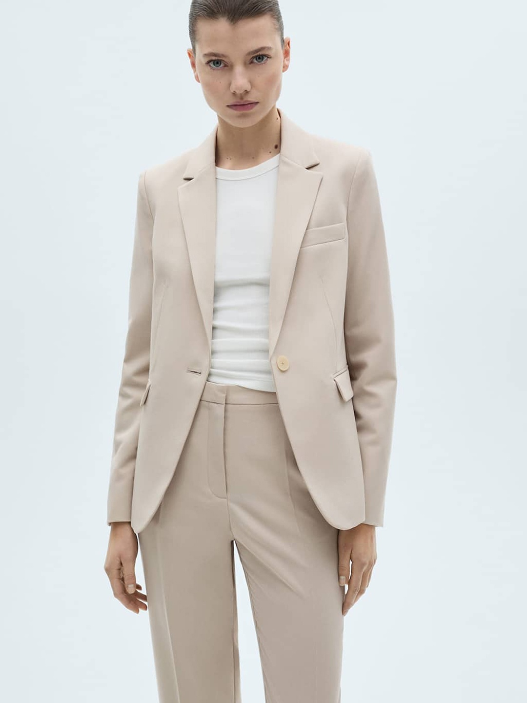 

MANGO Fitted Notched-Lapel Structured Shoulders Blazer, Taupe