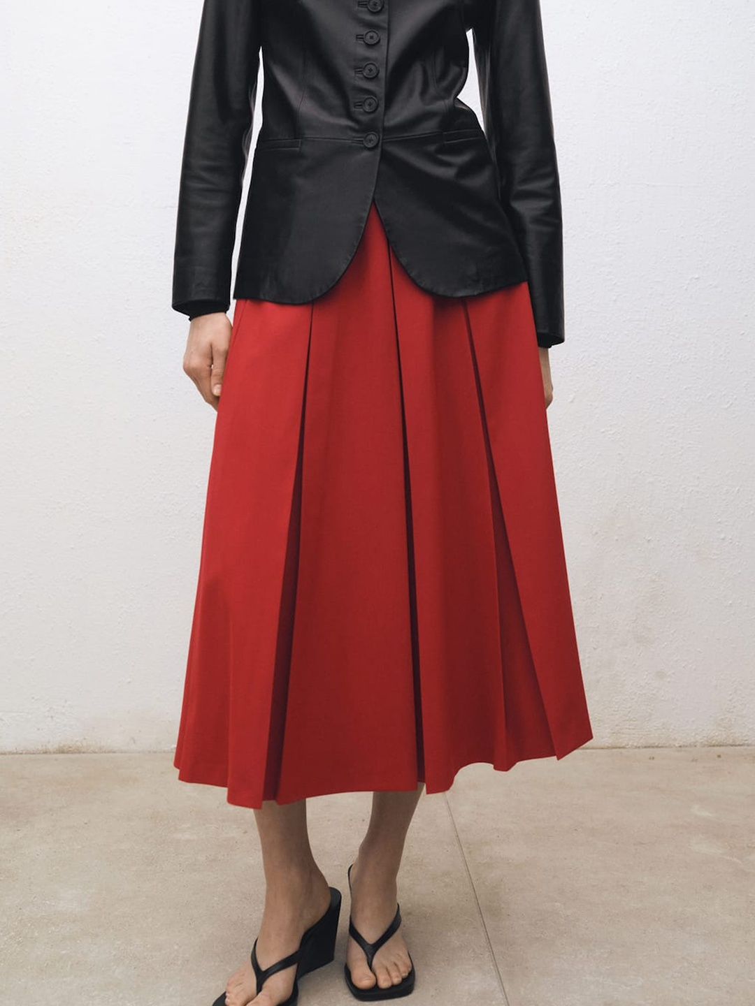 

MANGO Pleated Flared Midi Skirt, Red