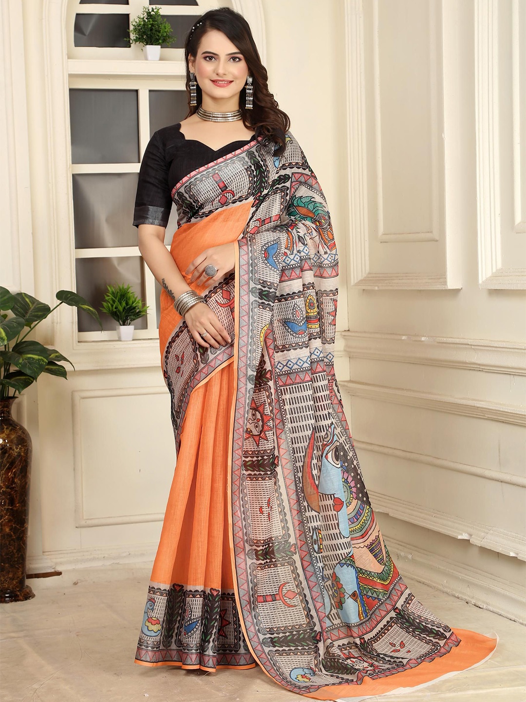 

Quelea Ethnic Motifs Linen Blend Khadi Saree, Orange