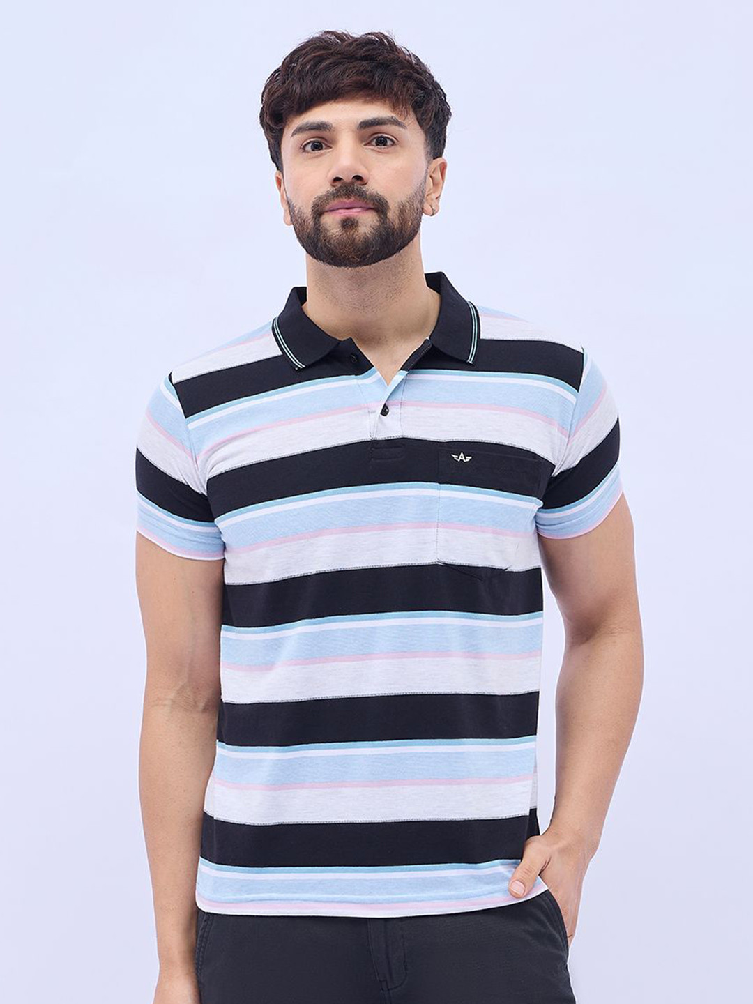 

ARRAY Men Brand Logo Printed Polo Collar Monochrome T-shirt, Black