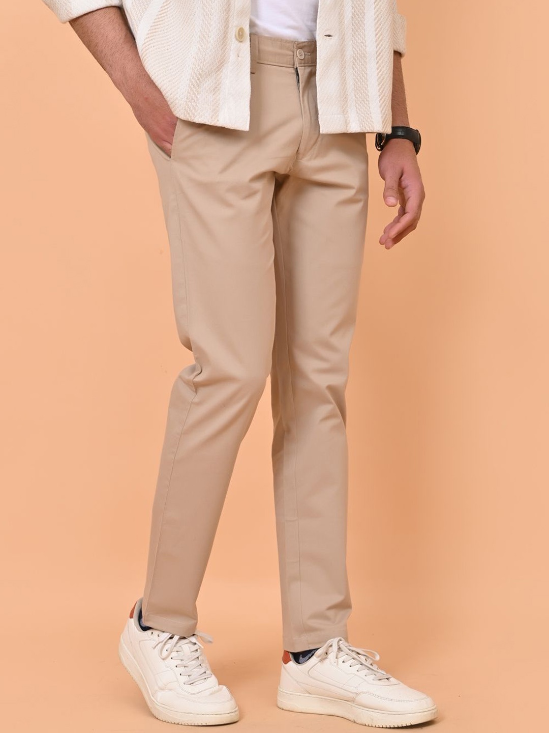 

el cielo Men Relaxed Slim Fit Chinos Trousers, Beige
