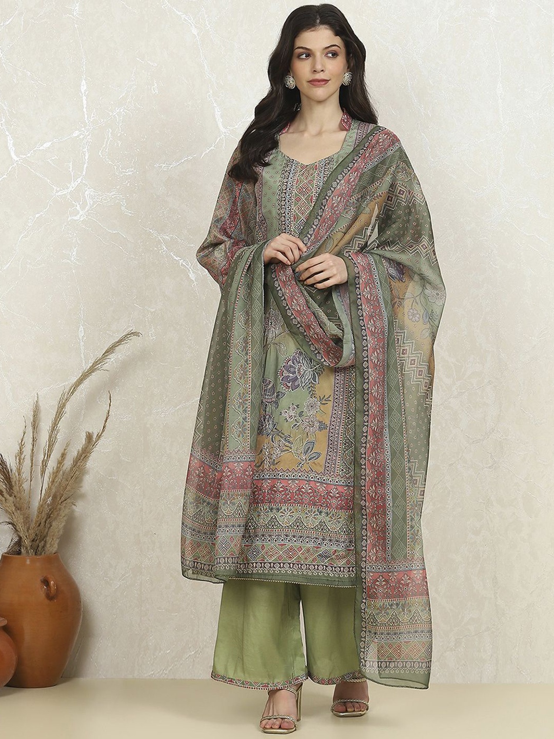 

Biba Floral Printed Unstitched Dress Material, Green