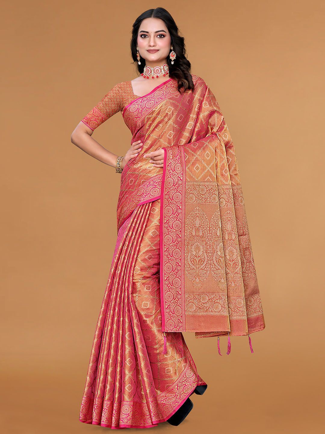 

Meena Bazaar Woven Design Zari Saree, Pink