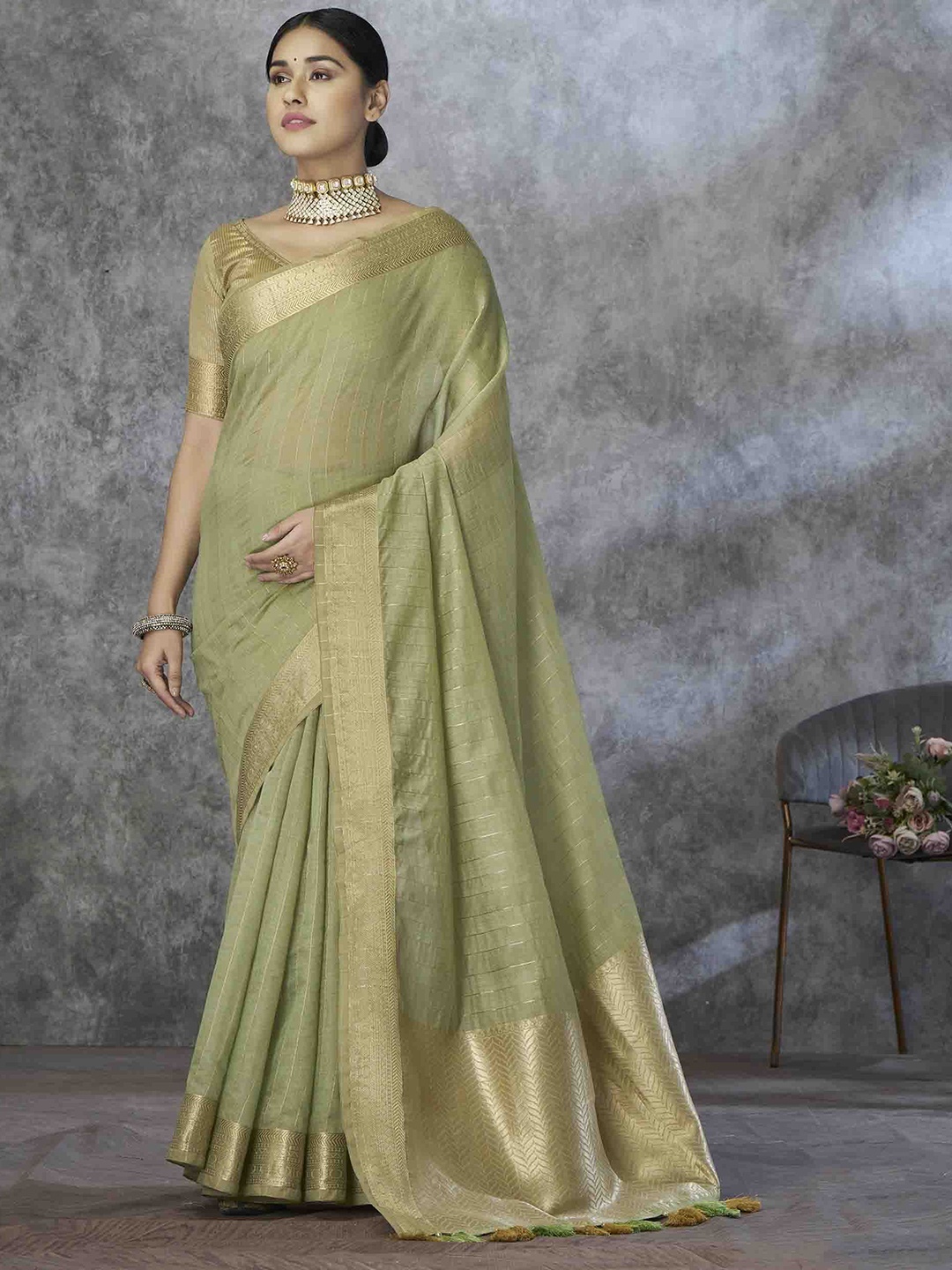 

Mitera Striped Zari Silk Blend Saree, Green
