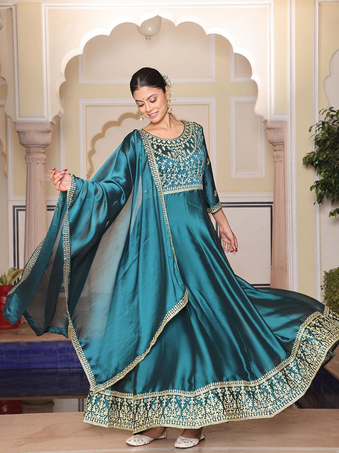 

Warthy Ent Floral Embroidered Anarkali Ethnic Dress With Dupatta, Teal