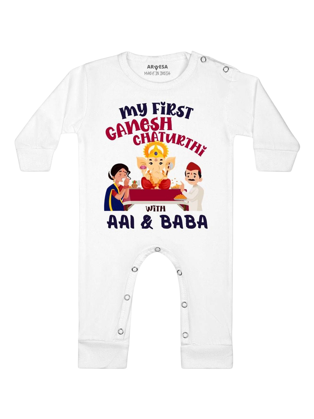 

Arvesa First Ganpati Printed Baby Romper, White