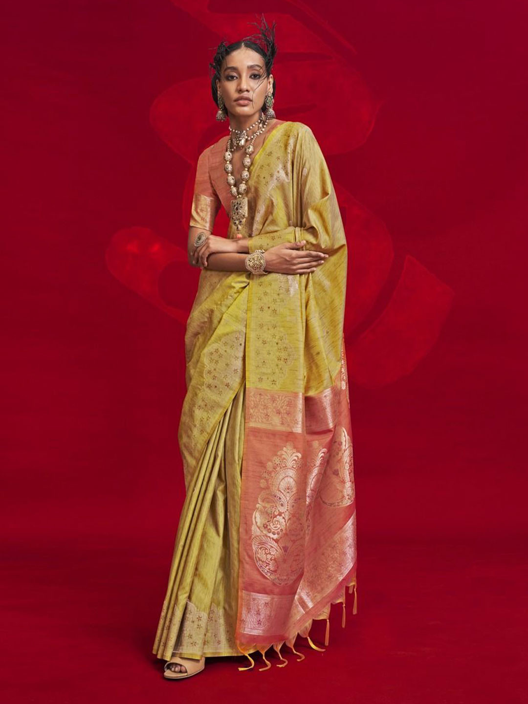 

Anouk Woven Design Zari Silk Blend Banarasi Saree, Yellow