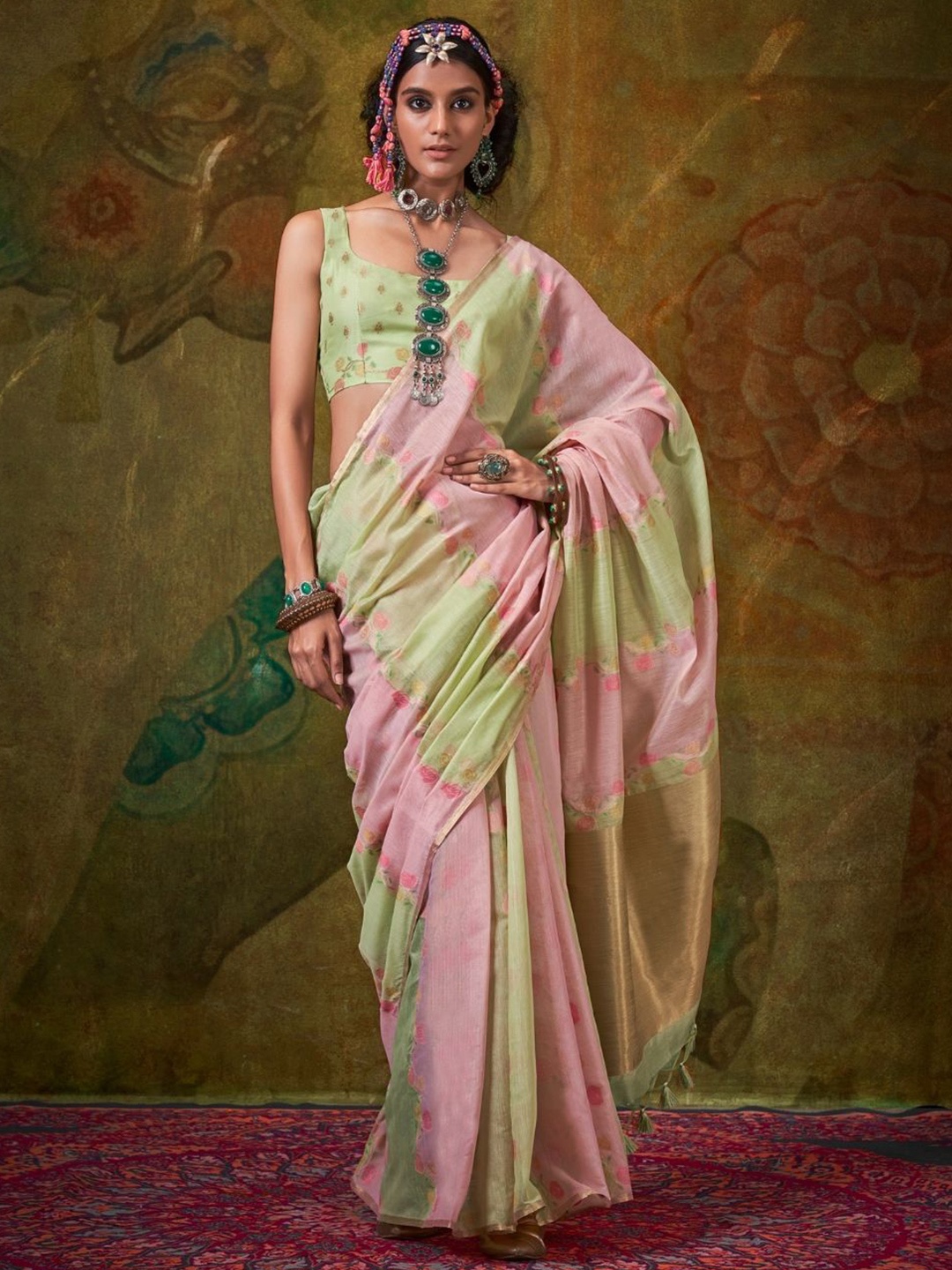 

PEENGAX Floral Zari Chanderi Saree, Green