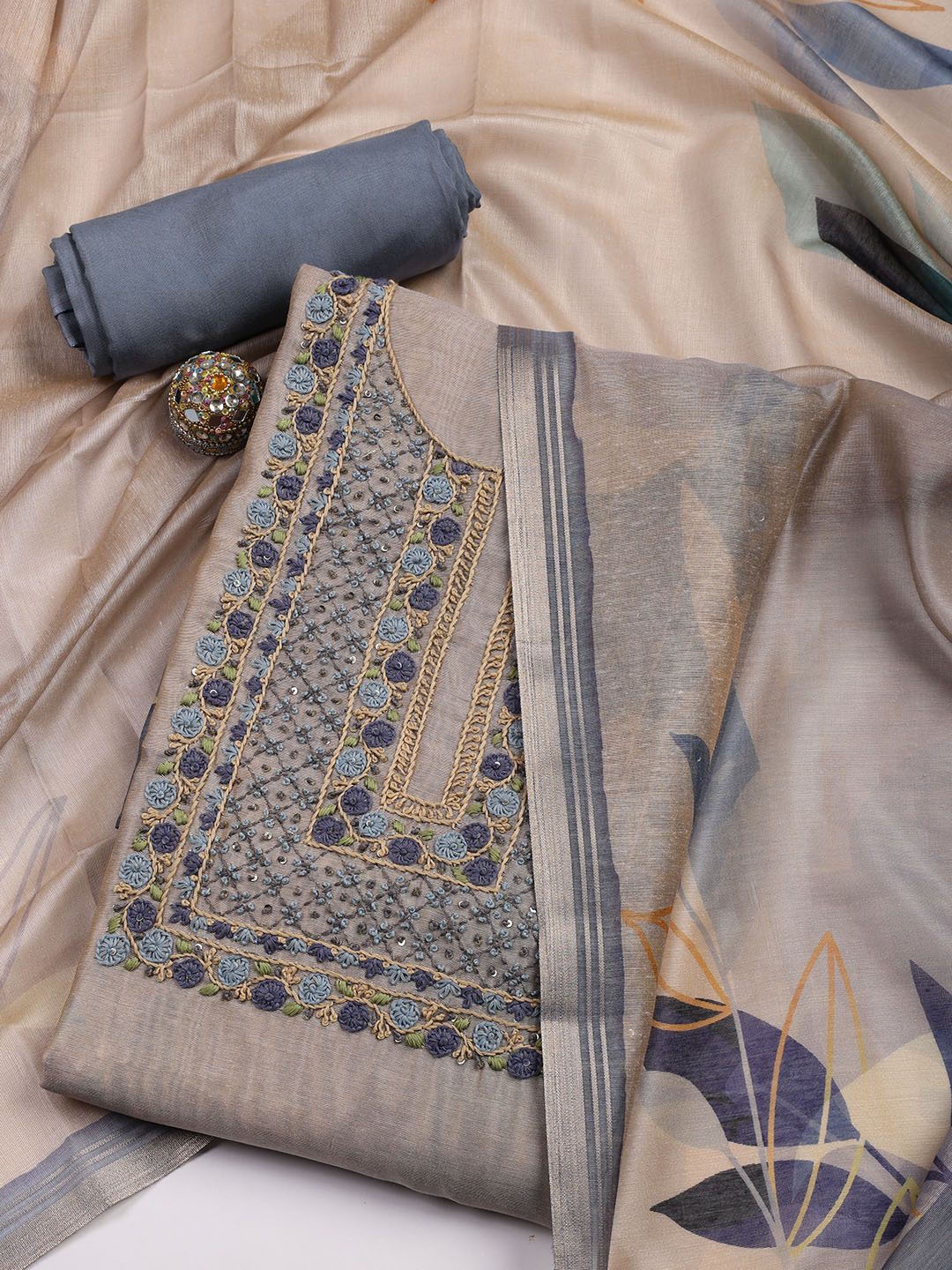 

Meena Bazaar Embroidered Art Silk Unstitched Dress Material, Blue