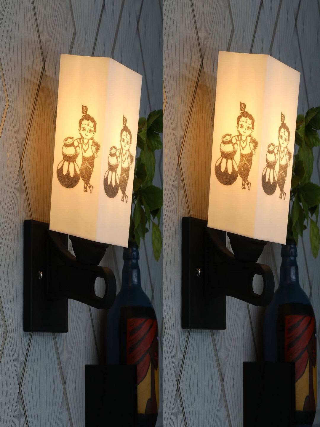 

Gojeeva Black & White 2 Pieces Printed Wooden Rectangle Shaped Wall Lamps