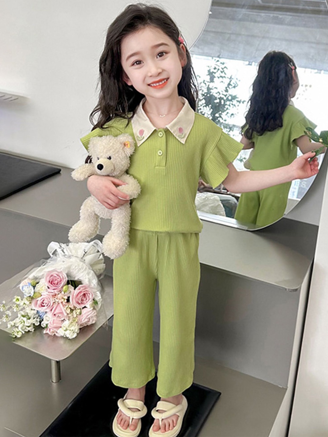 

LULU & SKY Girls Striped T-shirt With Trousers, Green