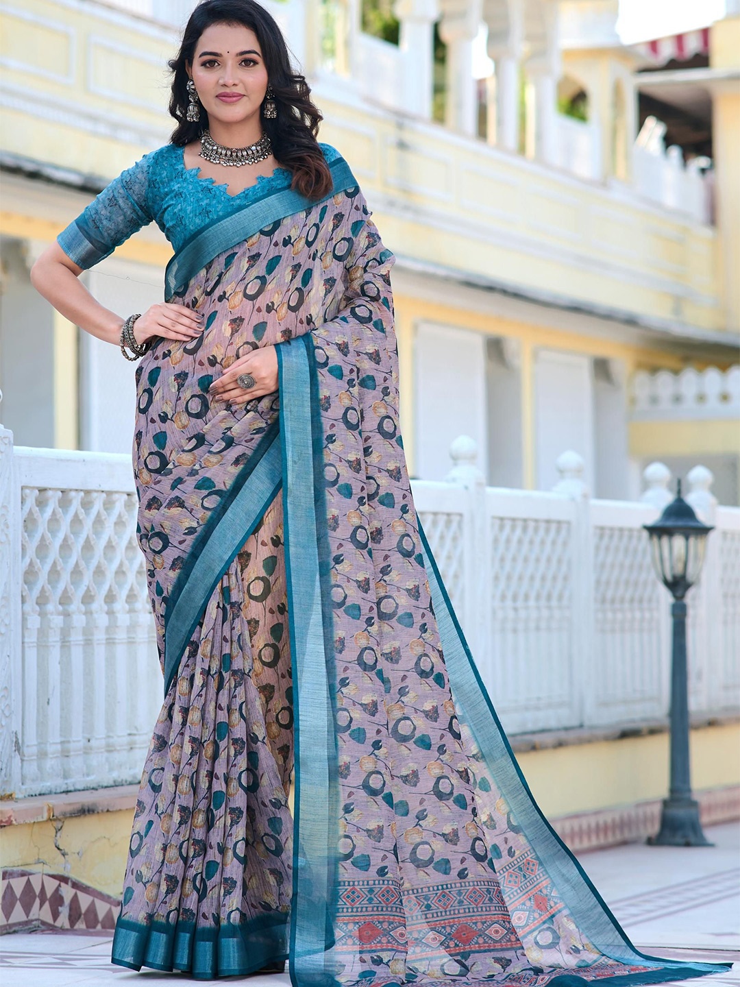 

Quelea Floral Linen Blend Khadi Saree, Teal