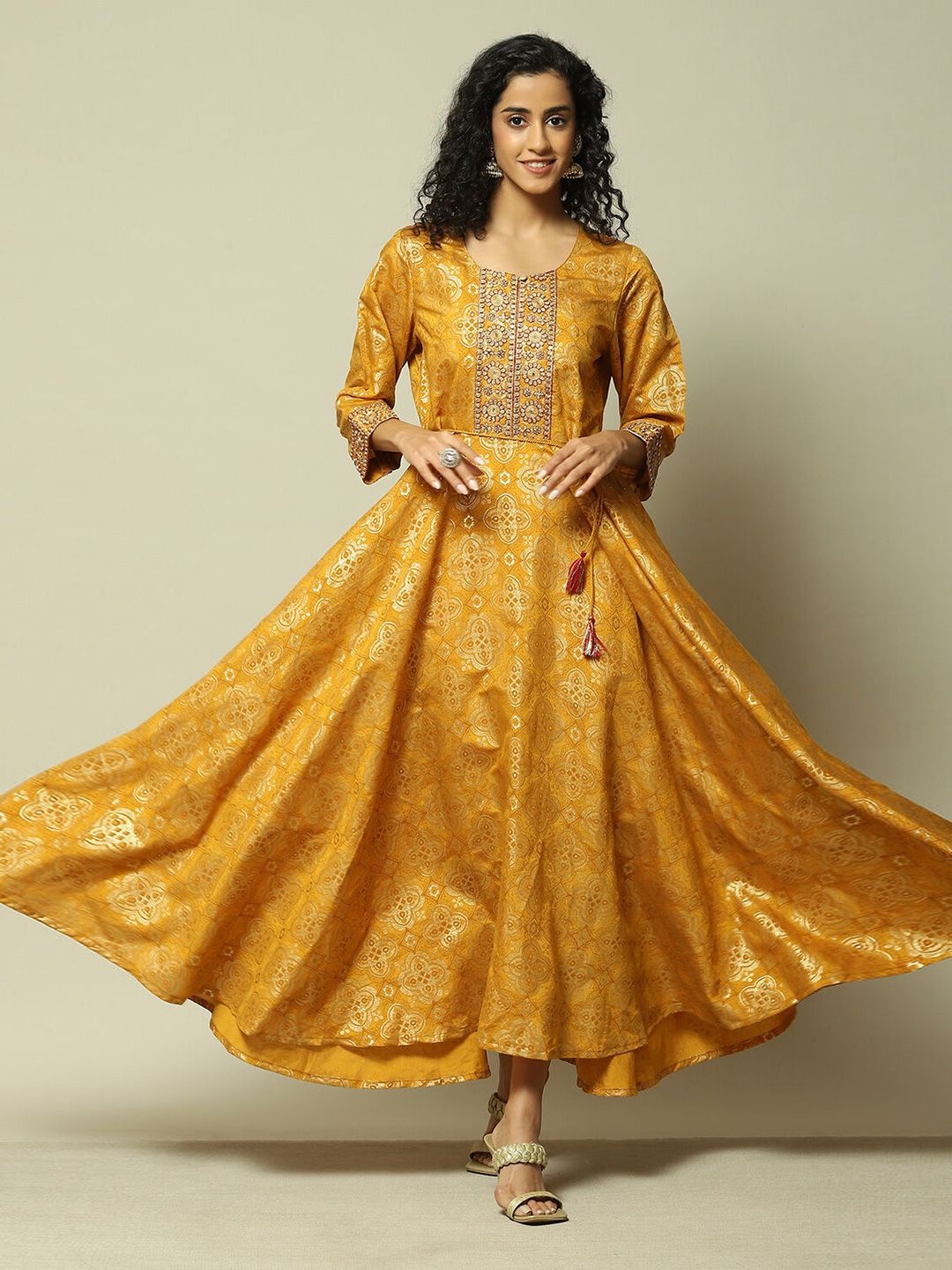 

Rangriti Ethnic Motifs Print Maxi Dress, Yellow