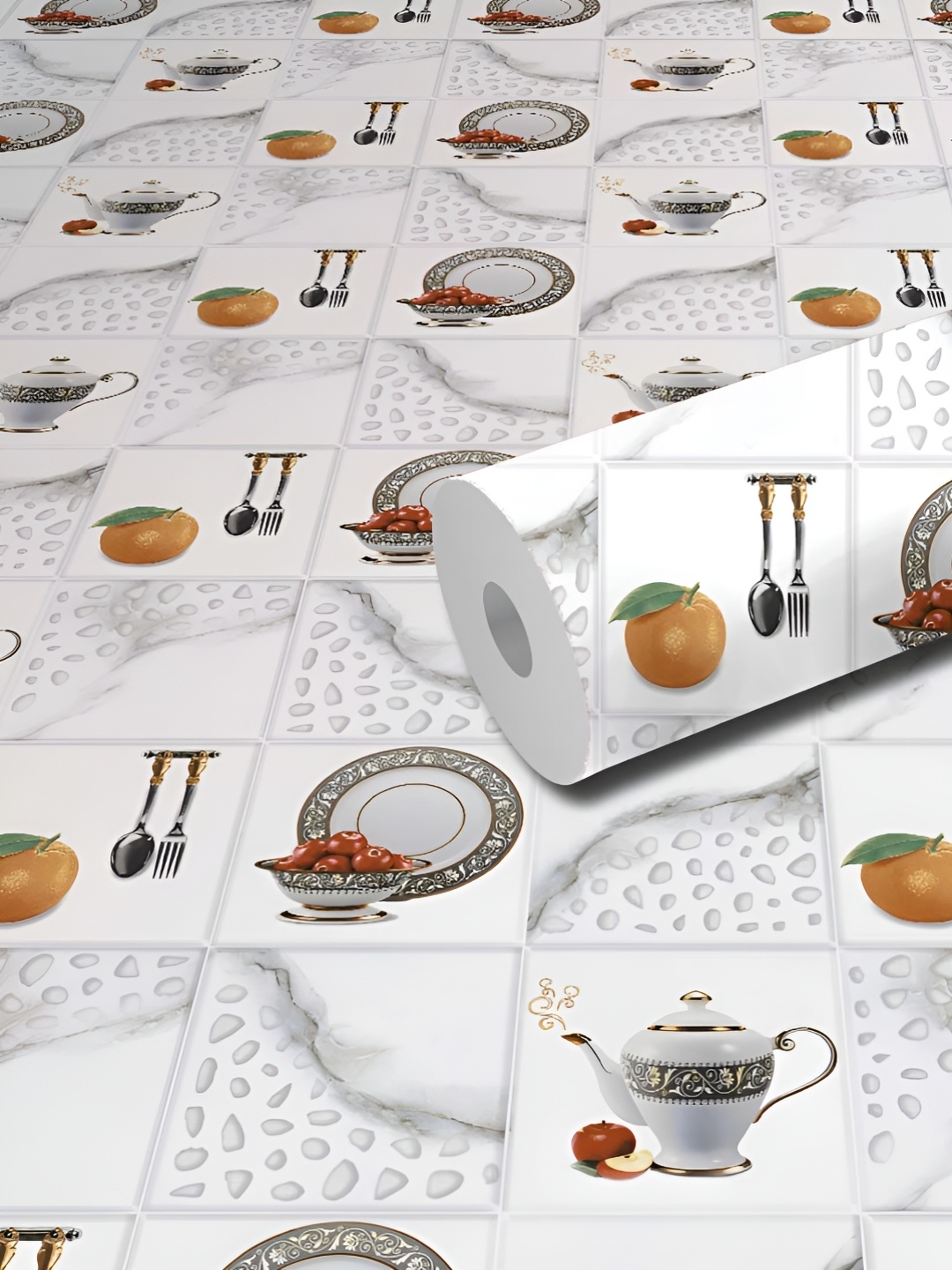 

WallDaddy White & Orange Kitchen Printed Self Adhesive Wallpaper