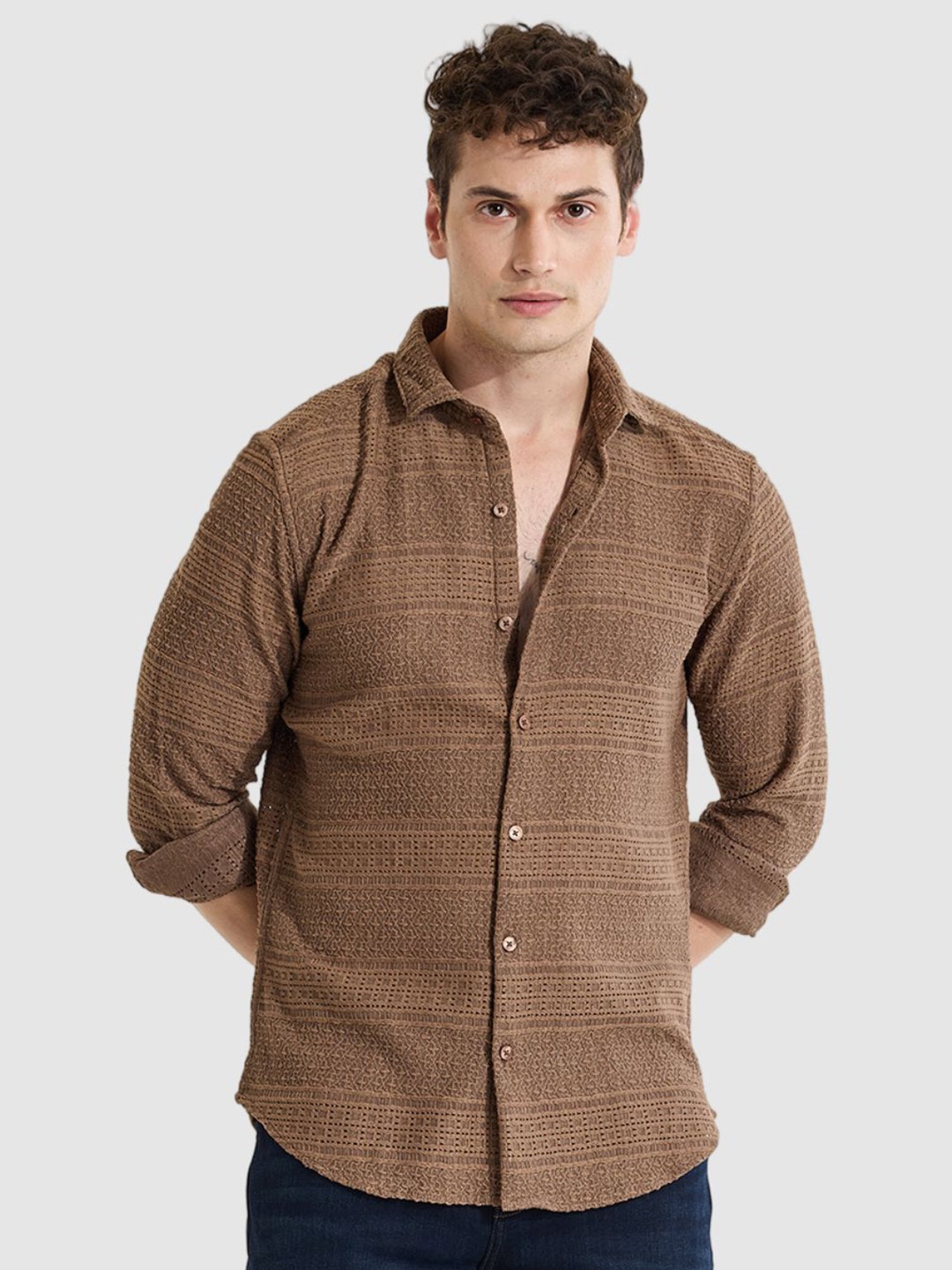 

Snitch Men Smart Slim Fit Semi Sheer Casual Shirt, Brown