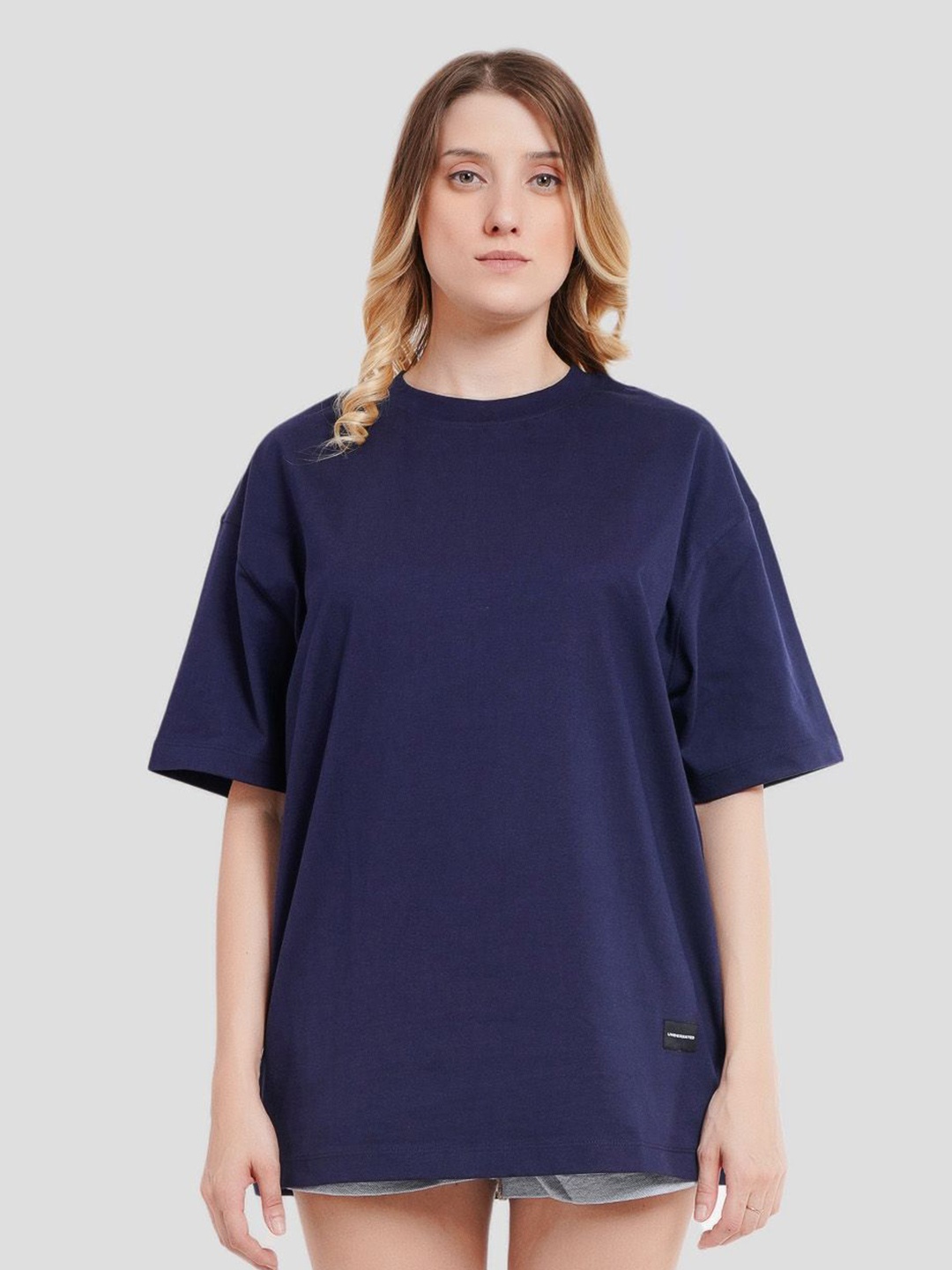 

Underrated Club Women Bio Finish Graphic Printed Round Neck Cotton Oversized T-shirt, Navy blue