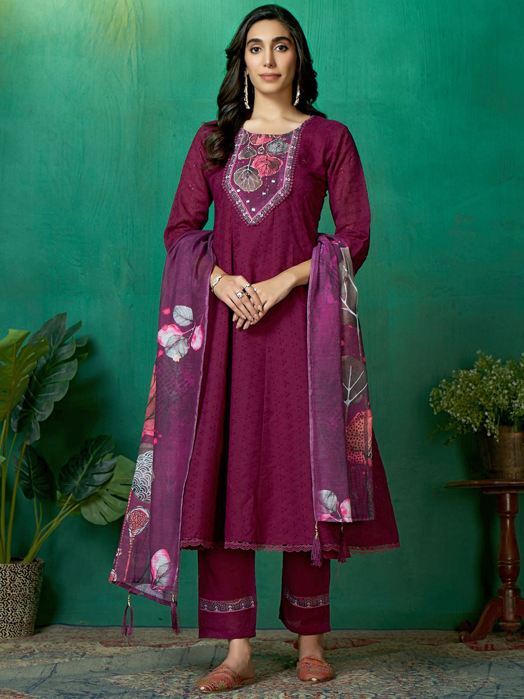 

Sangria Embroidered Pure Cotton Round Neck Kurta Trouser & Dupatta, Purple