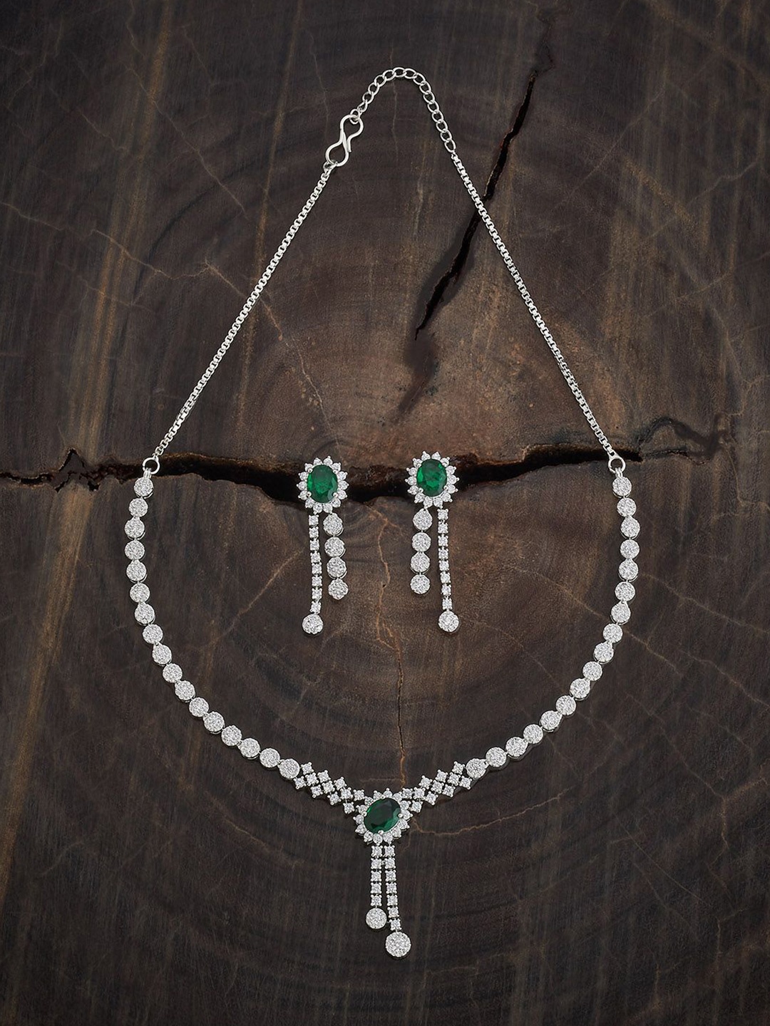 

Kushal's Fashion Jewellery Green Rhodium-Plated Zircon Party Jewellery Set, Silver