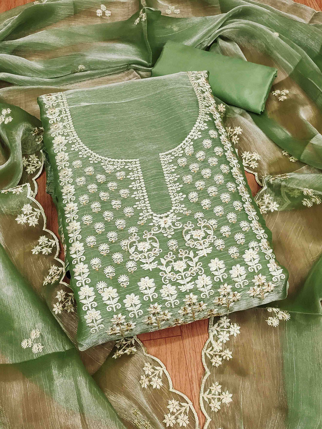 

Blissta Embroidered Silk Chiffon Unstitched Dress Material, Green