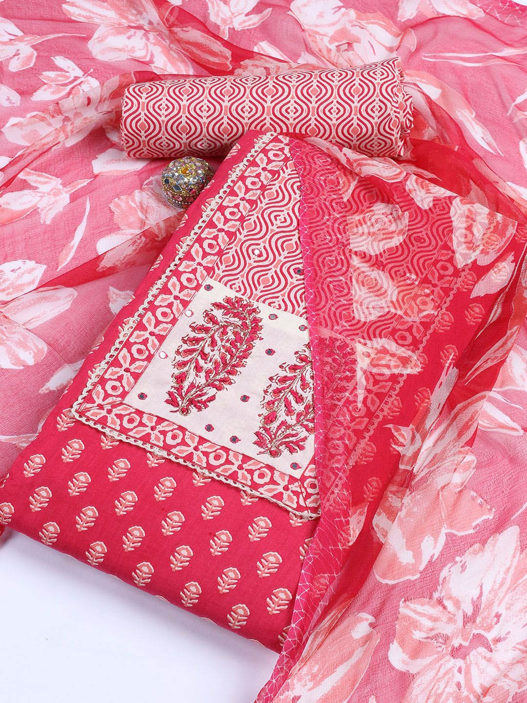 

Meena Bazaar Floral Printed Sequinned Unstitched Dress Material, Pink