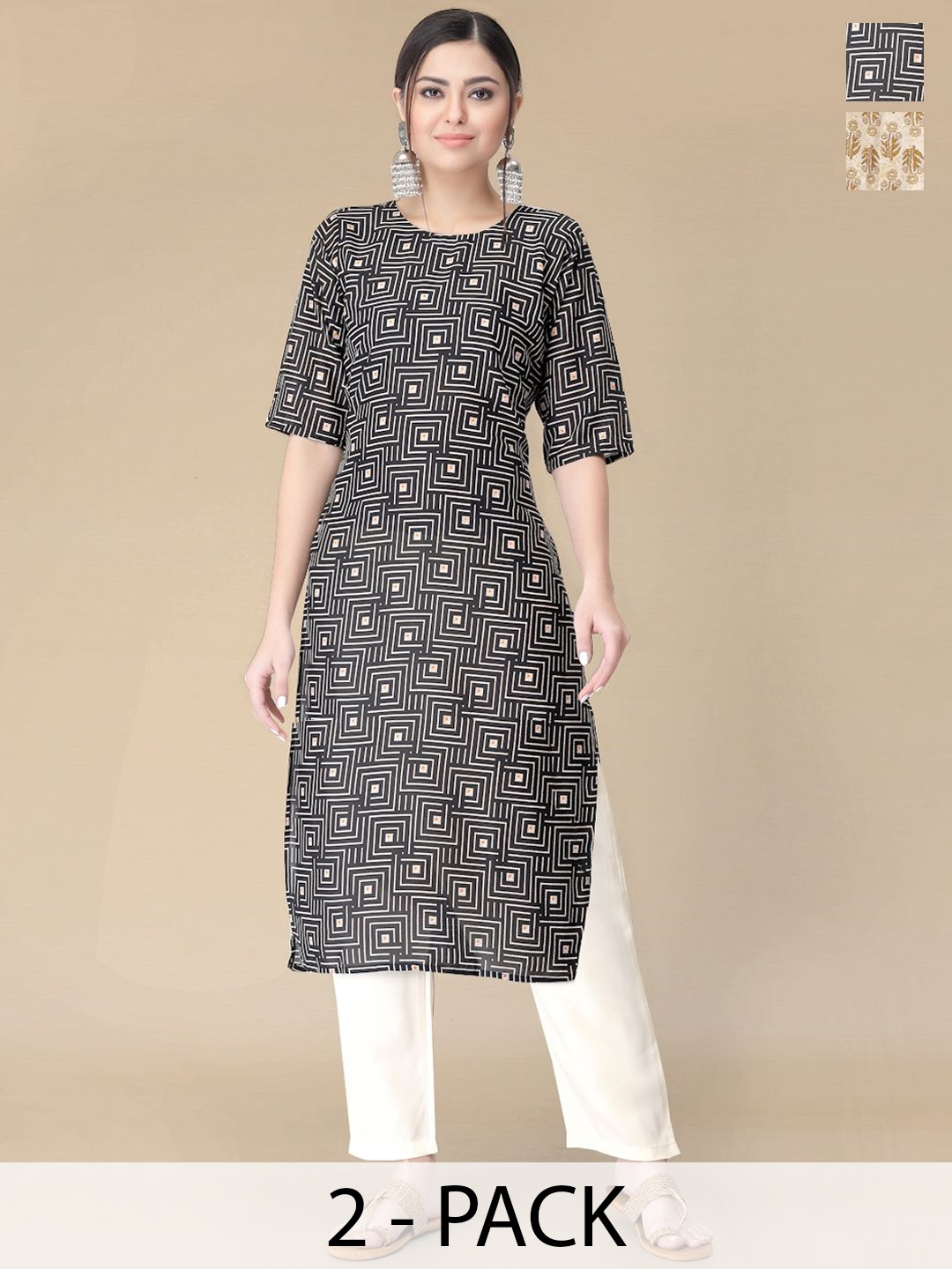 

Moda Rapido Selection Of 2 Floral Printed Round Neck Straight Kurtas With Trouser, Black
