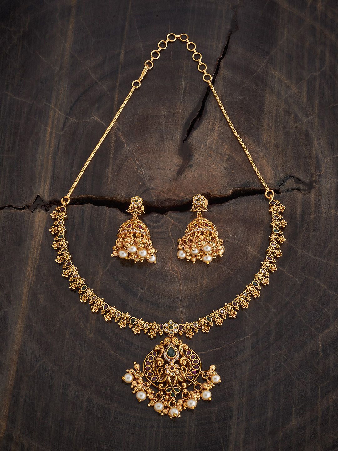 

Kushal's Fashion Jewellery Gold-Plated Ruby Studded Ethnic Antique Jewellery Set