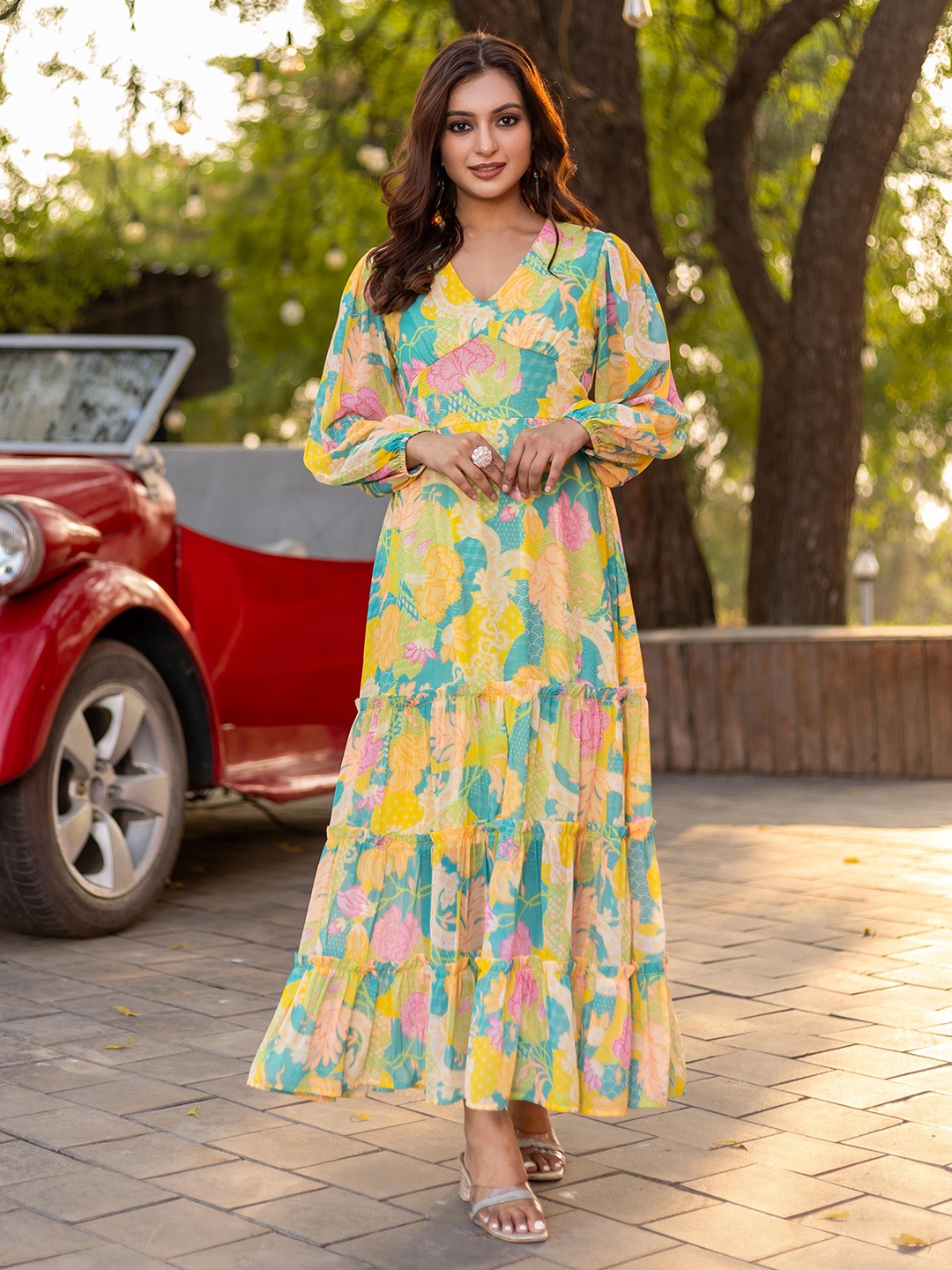 

Masakali.Co Floral Print Flared Sleeve Georgette Fit & Flare Maxi Dress, Yellow