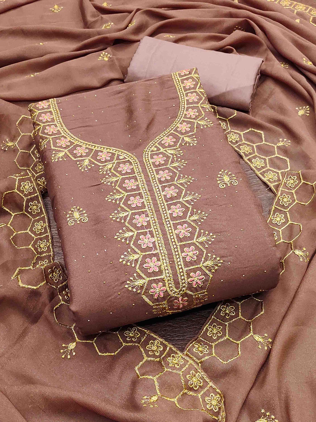 

KIMISHA Embroidered Unstitched Dress Material, Coffee brown