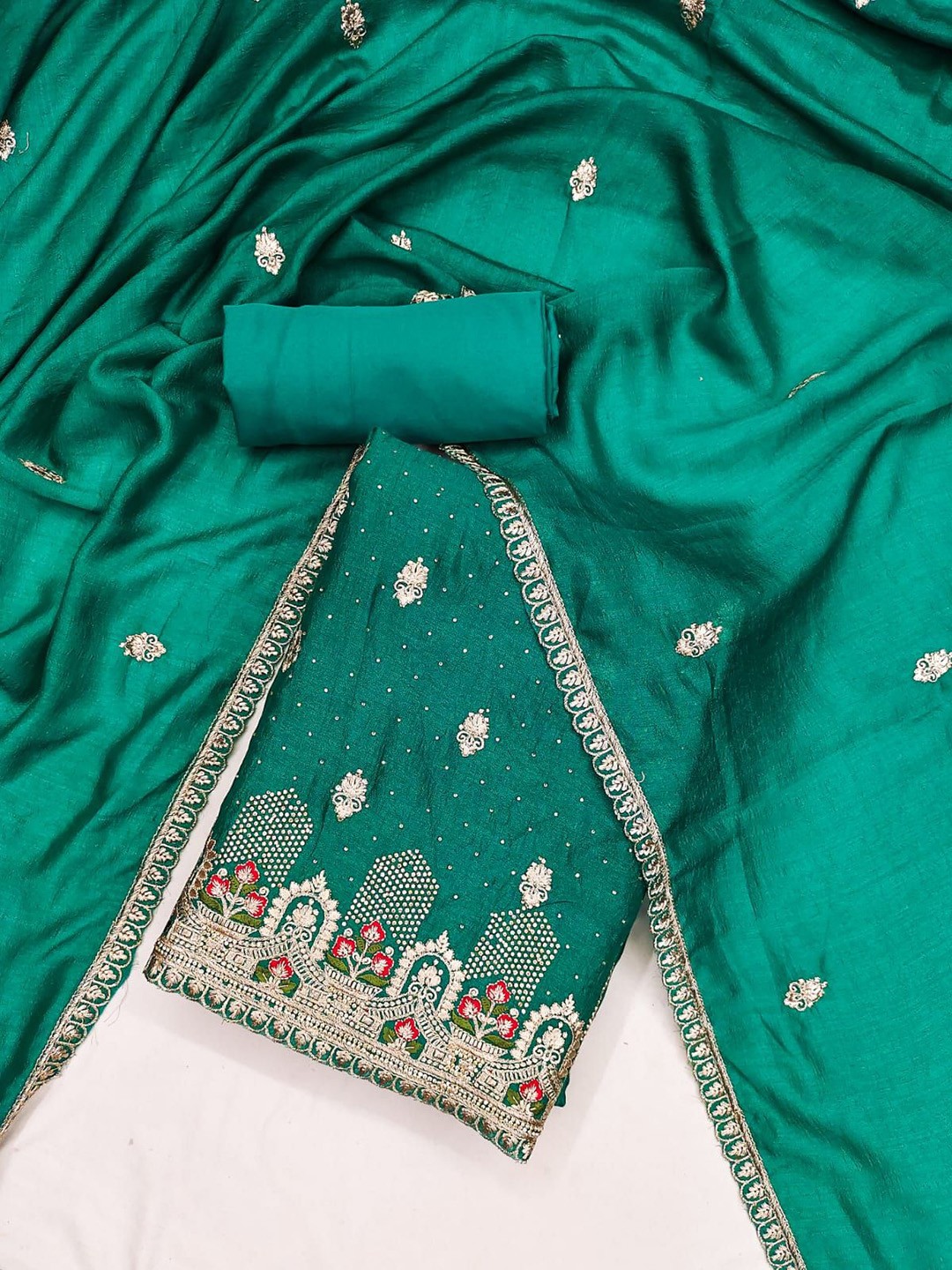 

Rangtulika Ethnics Motifs Embroidered Thread Work Unstitched Dress Material, Teal