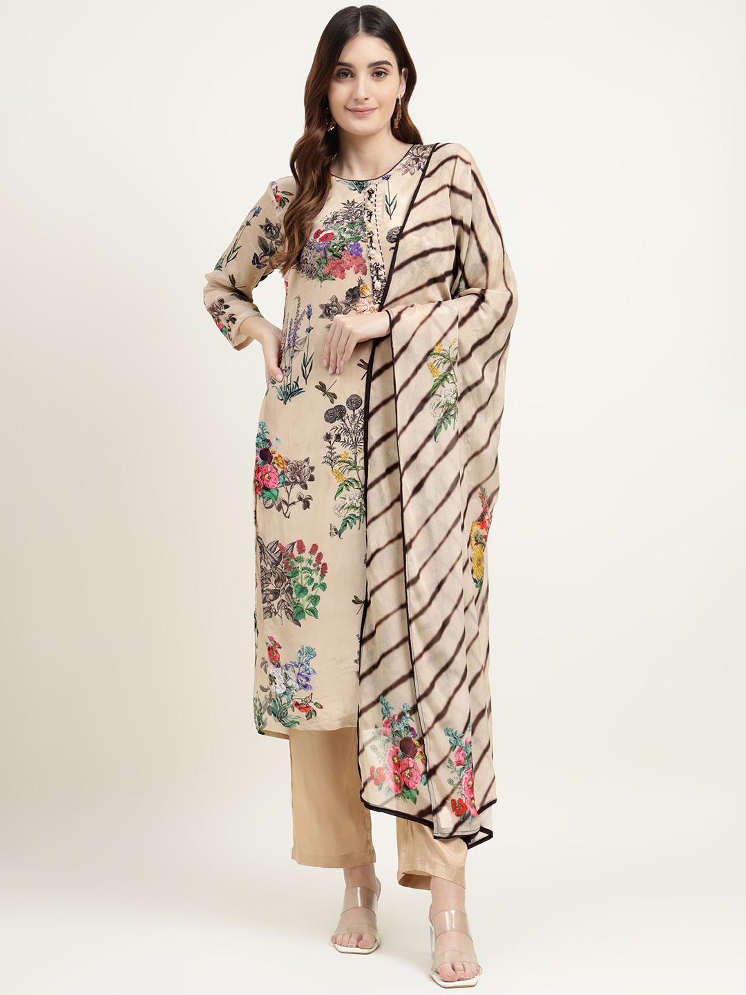 

ZARI Women Floral Printed Regular Kurta with Trousers & Dupatta, Brown