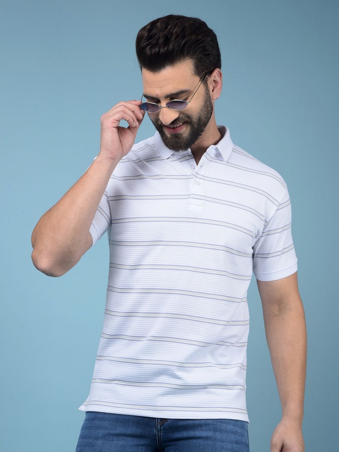 

Crimsoune Club Men Striped Polo Collar Pockets Slim Fit T-shirt, White