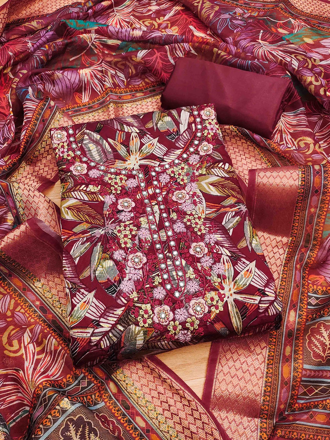 

Blissta Printed Unstitched Dress Material, Maroon