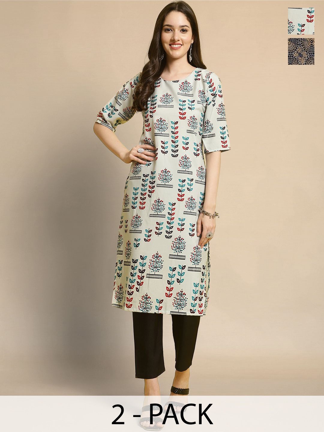 

Moda Rapido Selection Of 2 Floral Printed Round Neck Straight Kurtas With Trousers, Beige