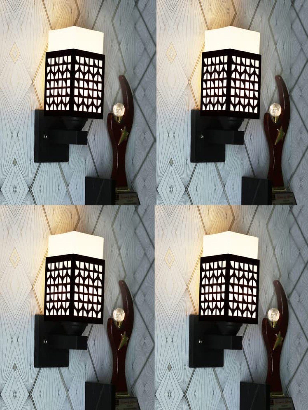 

Gojeeva Black & White 4 Pieces Textured Wooden Square Shaped Wall Lamps