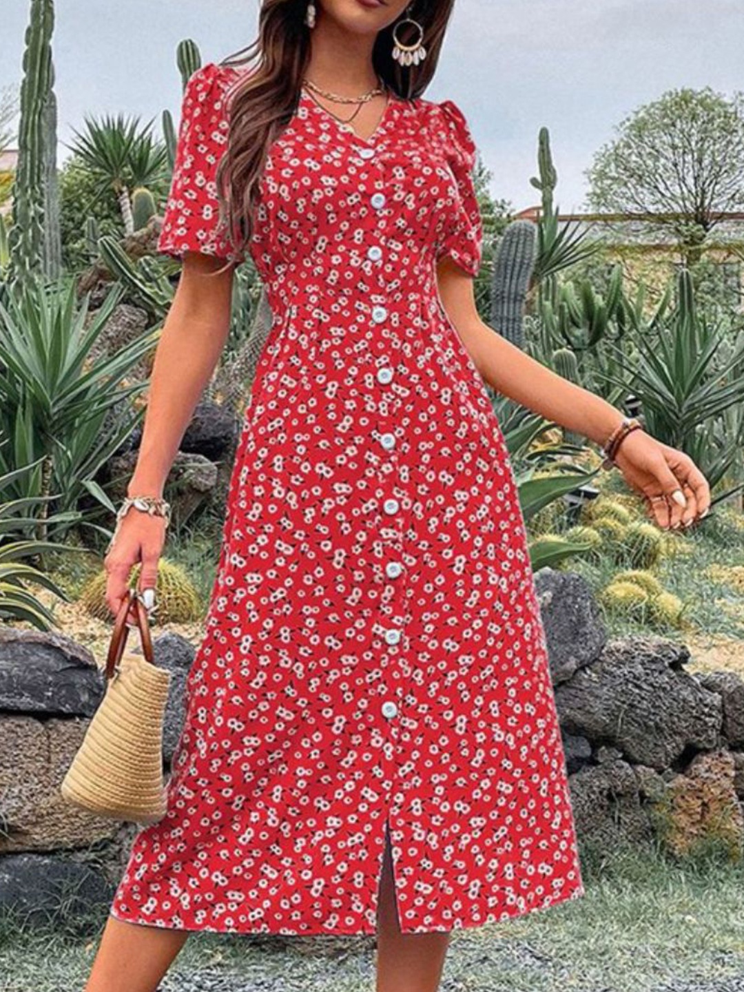 

DressBerry Floral Print Puff Sleeve A-Line Dress, Red