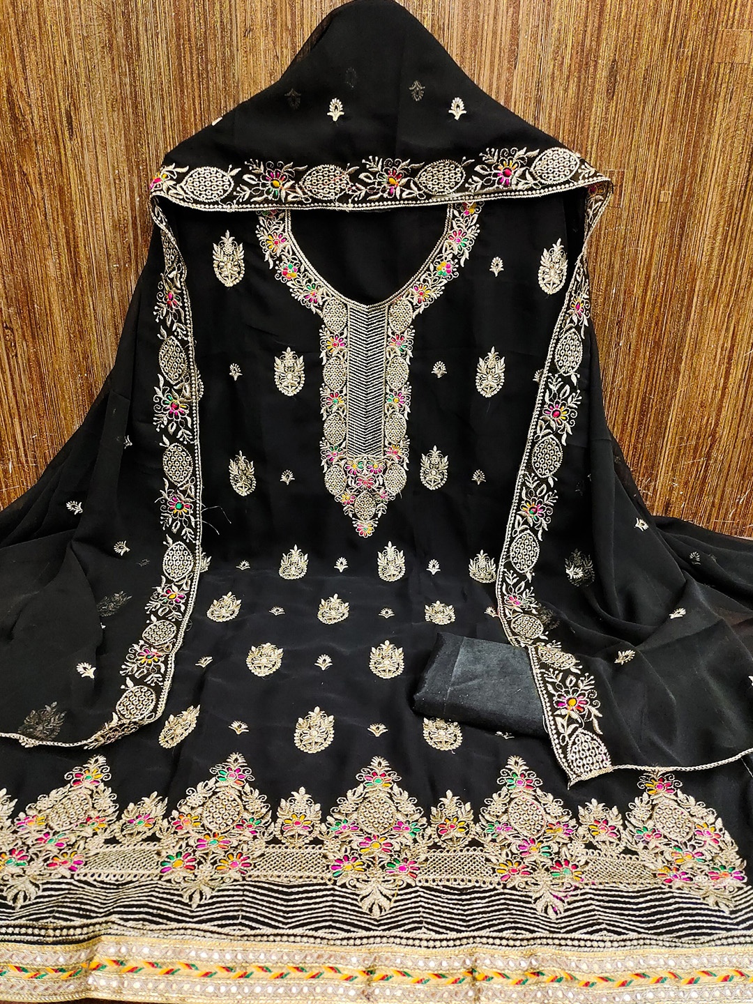 

Rangtulika Floral Embroidered Sequnnied Organza Unstitched Dress Material, Black