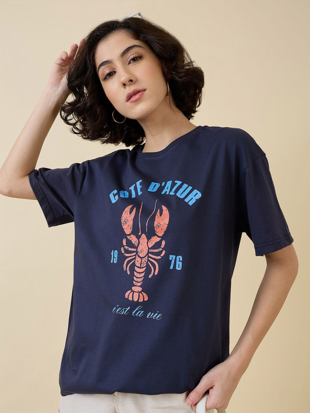 

Mast & Harbour Women Printed Applique T-shirt, Navy blue
