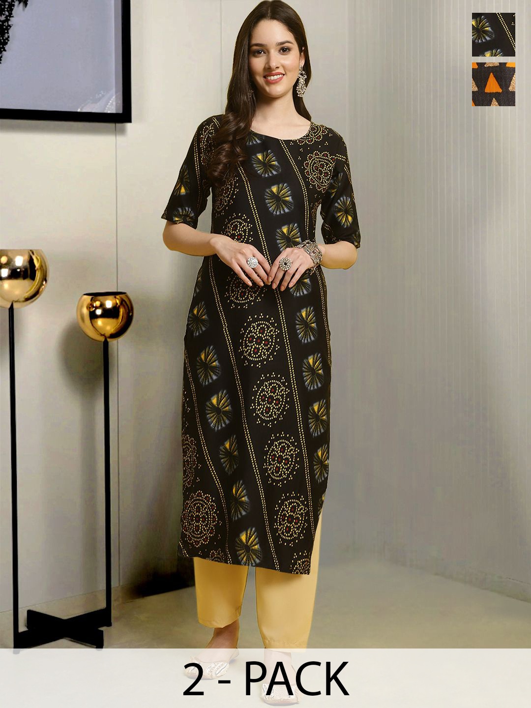 

Moda Rapido Selection of 2 Ethnic Motifs Printed Straight Kurtas With Trousers, Black