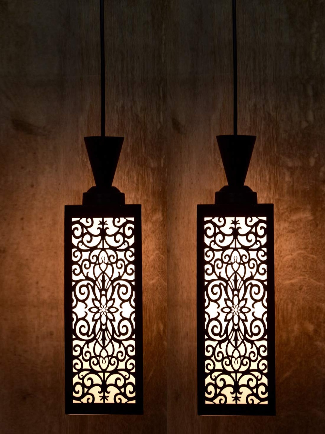 

Gojeeva Black & White 2 Pieces Textured Wooden Rectangle Shaped Hanging Ceiling Lamps